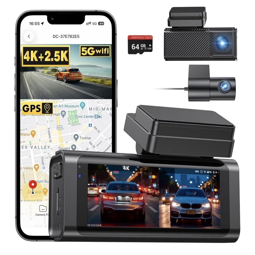 Beferich J18 Dash Cam 4K+2.5K Dual 5G WiFi GPS 64GB Card Front Rear Black